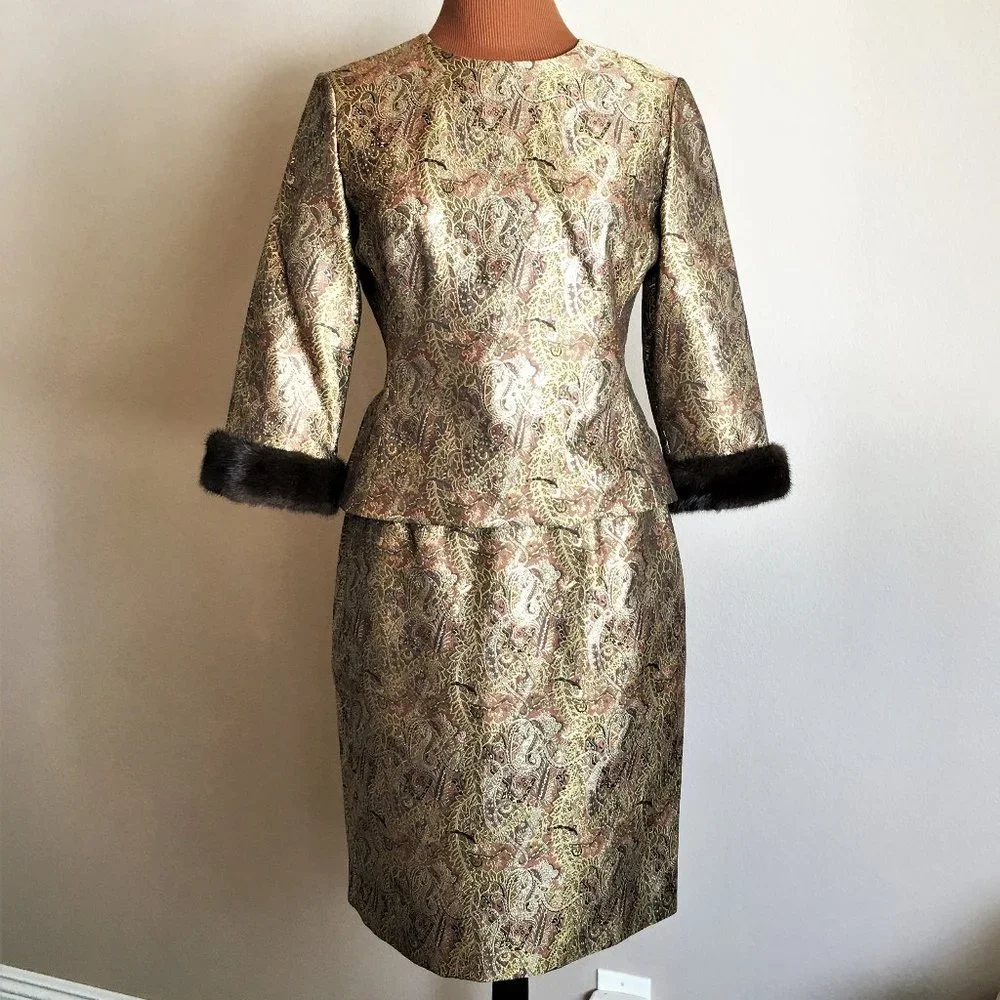 CHETTA B Gold Brocade 2-pc Skirt Set w/Mink Trim - Picture 2 of 16